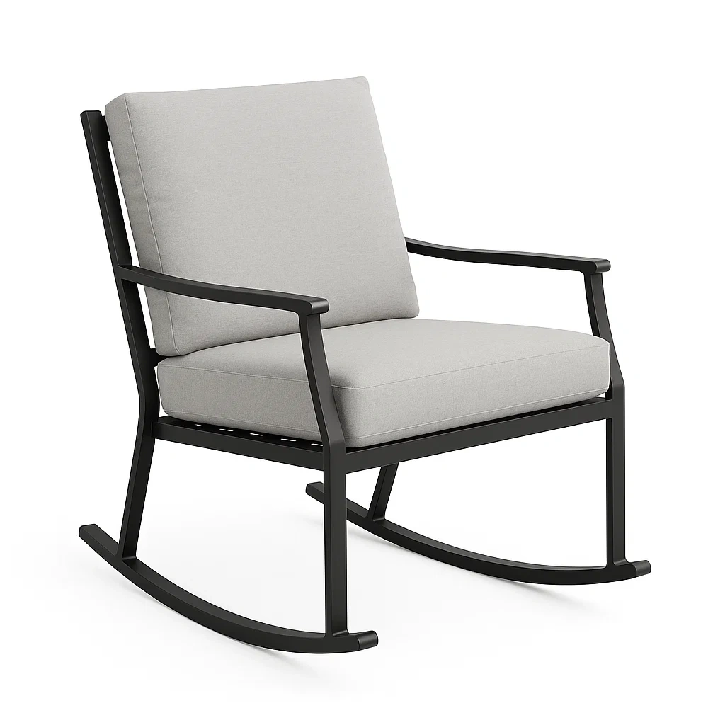 Poltrona a dondolo in metallo con cuscino in tessuto grigio