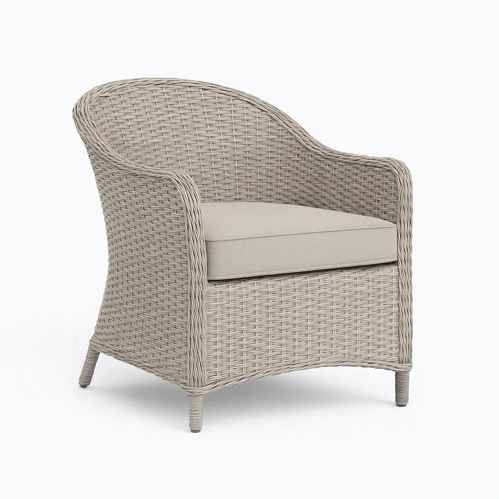 Poltrona in rattan sintetico grigio con cuscino in poliestere