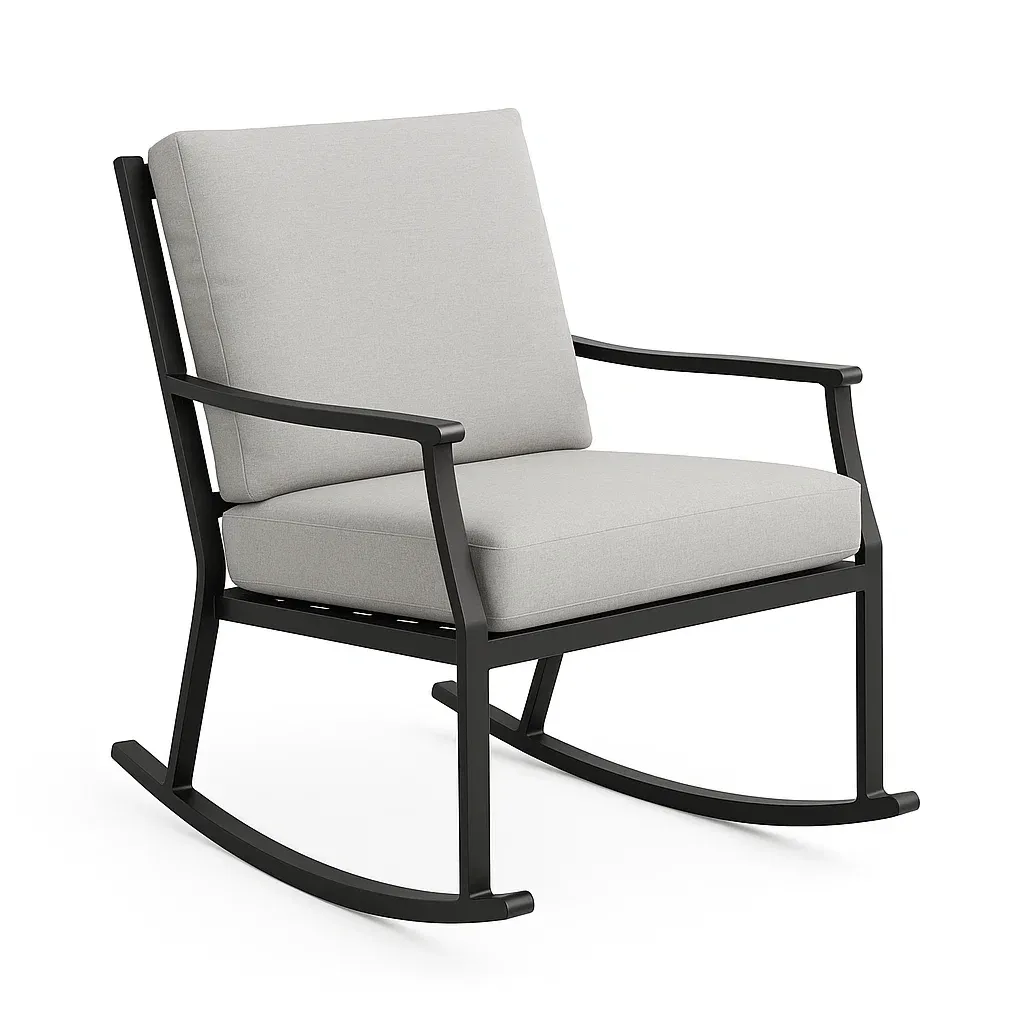 Poltrona a dondolo in metallo con cuscino in tessuto grigio