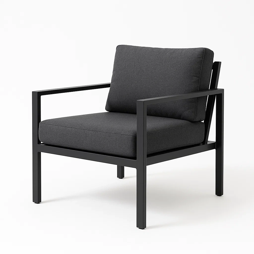 Poltrona in metallo nero con cuscini in tessuto poliestere grigio