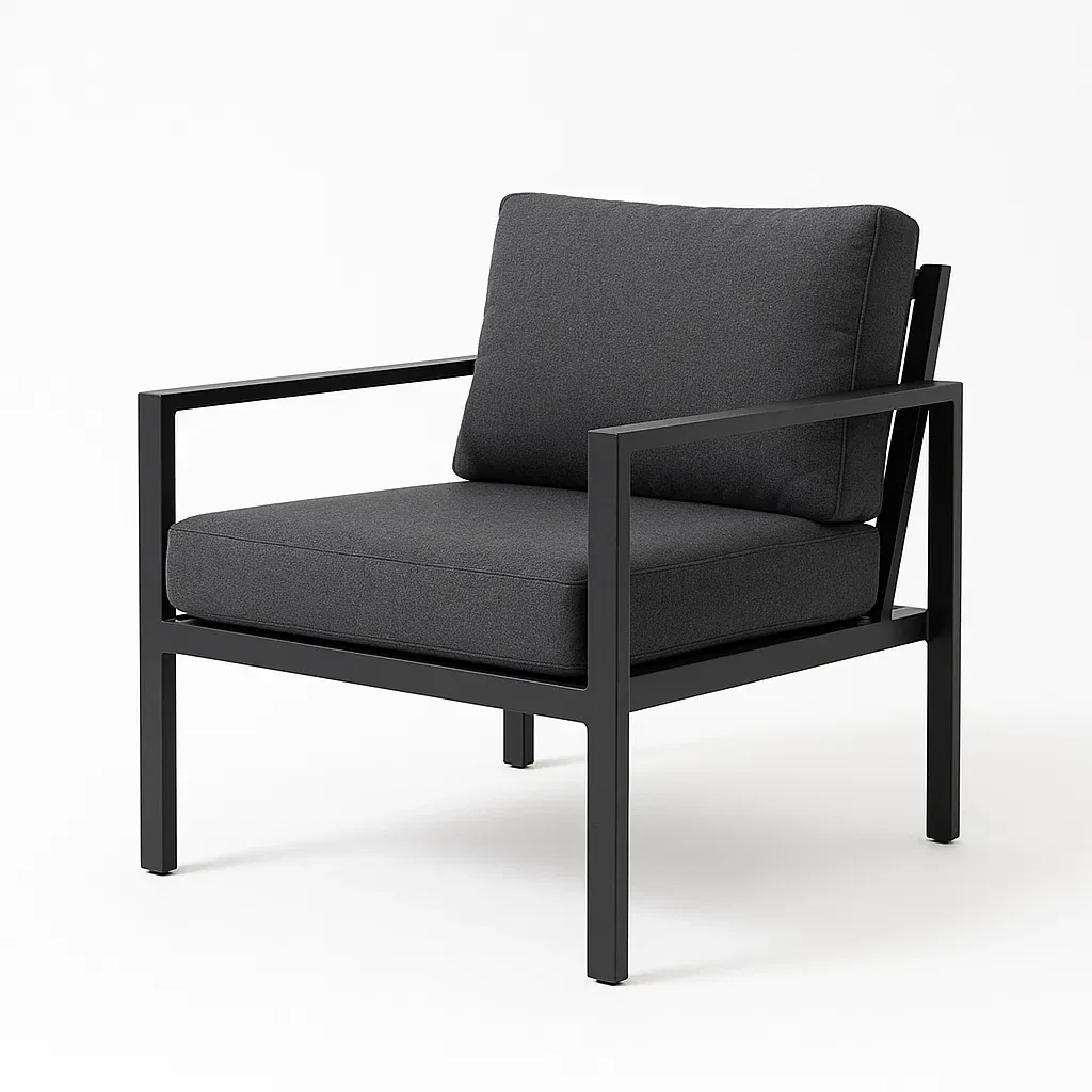 Poltrona in metallo nero con cuscini in tessuto poliestere grigio