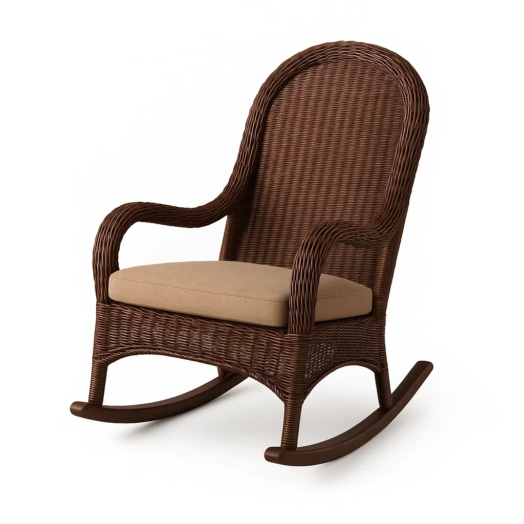 Sedia a dondolo in rattan con cuscino in tessuto beige