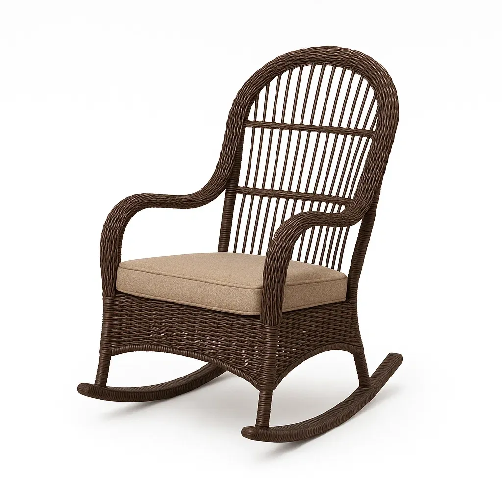 Sedia a dondolo in rattan con cuscino in poliestere beige