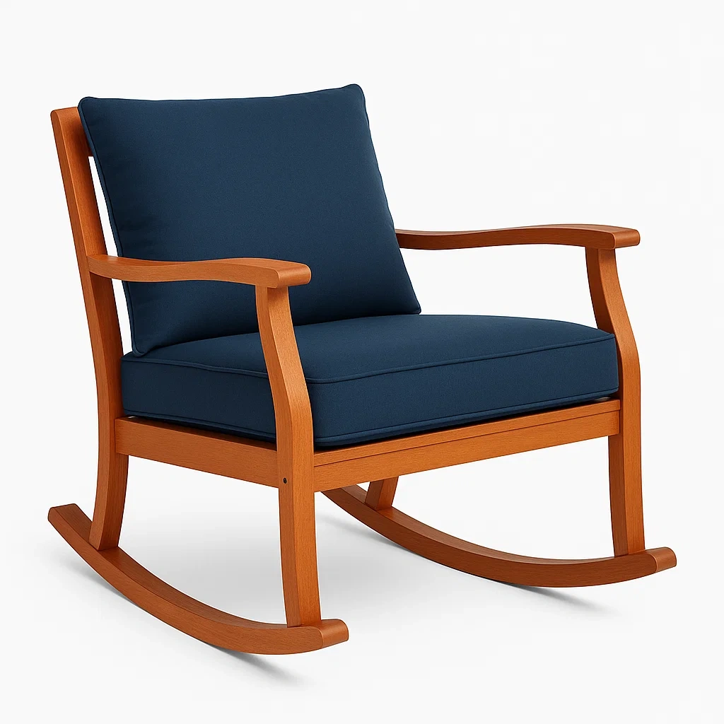 Sedia a dondolo in legno con rivestimento in tessuto blu