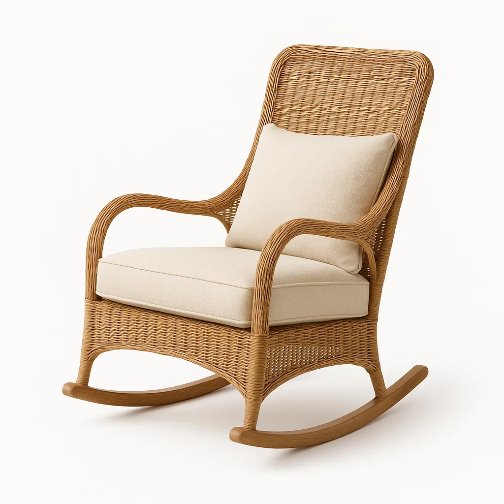 Sedia a dondolo in rattan con cuscini color crema