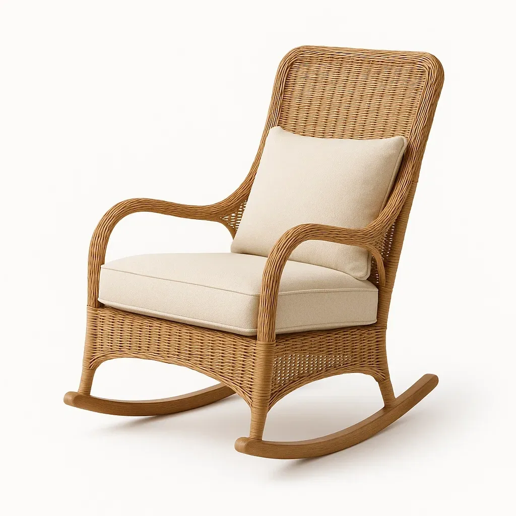 Sedia a dondolo in rattan con cuscini color crema