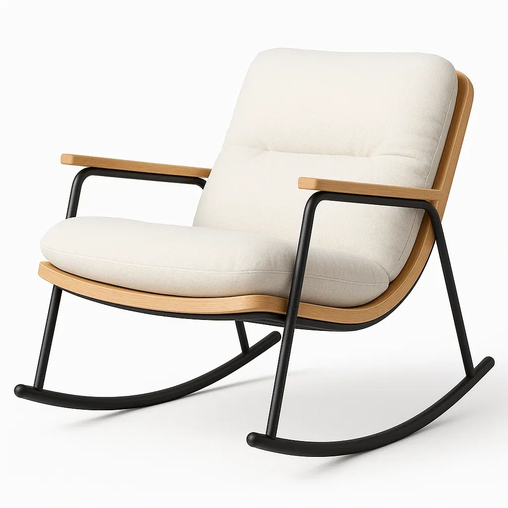 Sedia a dondolo in legno multistrato con struttura in metallo e cuscini in poliestere bianco