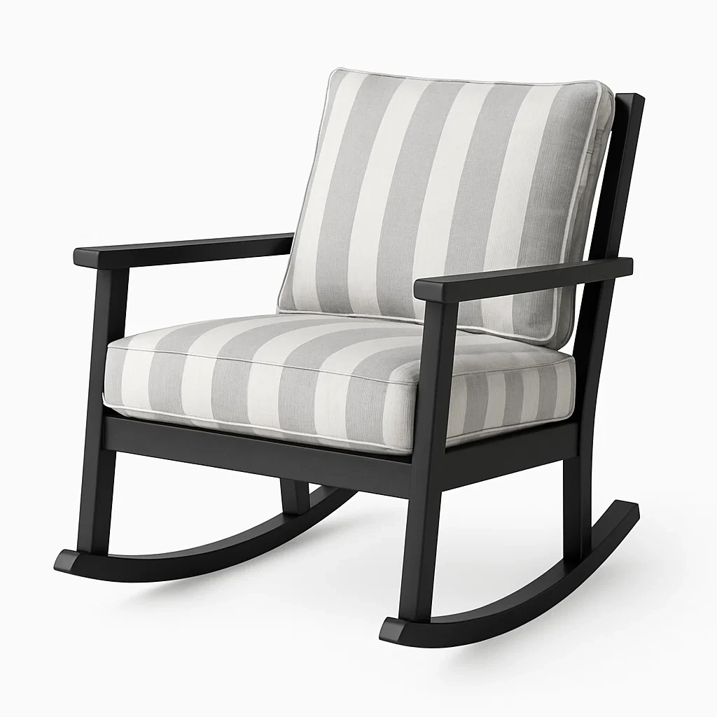 Sedia a dondolo in legno con cuscino a strisce