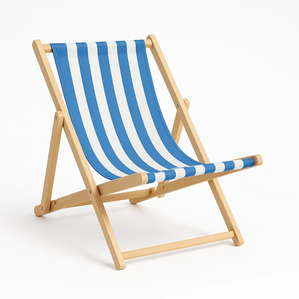 Sedia da spiaggia pieghevole in legno e poliestere bianco/blu