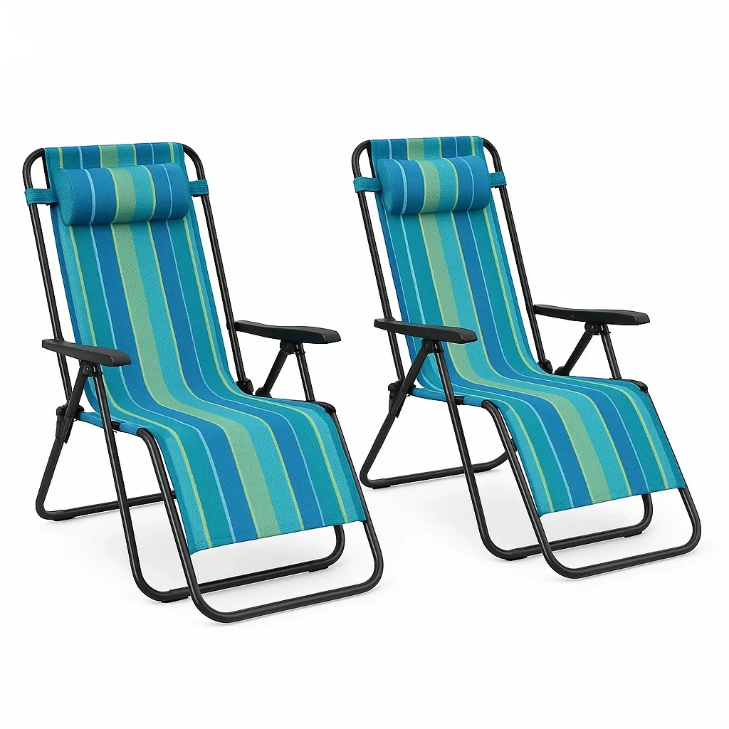 Sedie da spiaggia pieghevoli in acciaio e tessuto a righe blu e verde set da 2