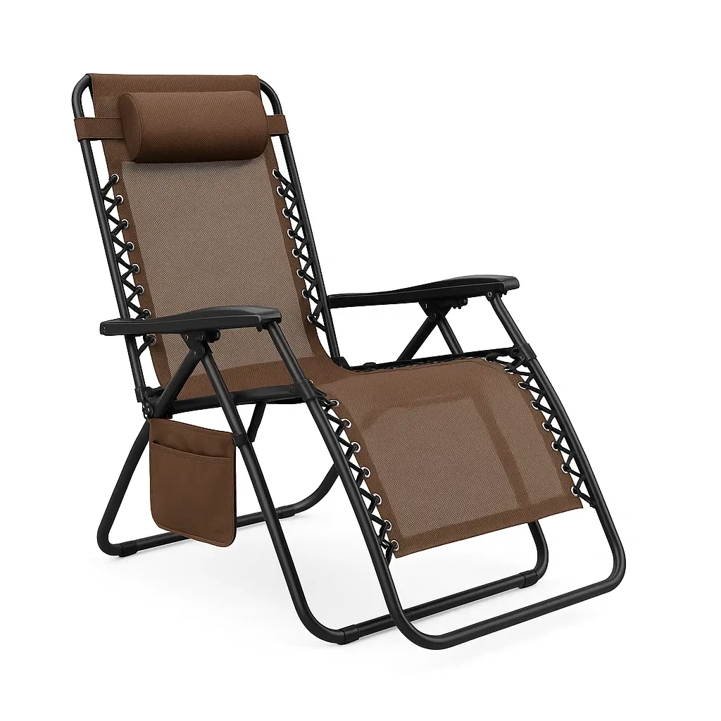Sedia da spiaggia pieghevole a gravità zero in acciaio con tessuto in poliestere marrone