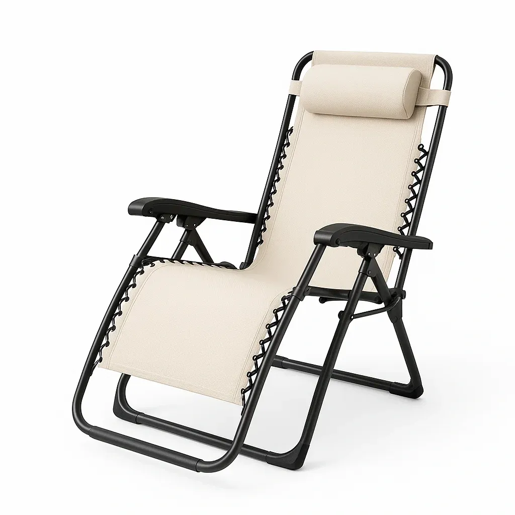 Sedia da spiaggia pieghevole regolabile in tessuto beige e acciaio