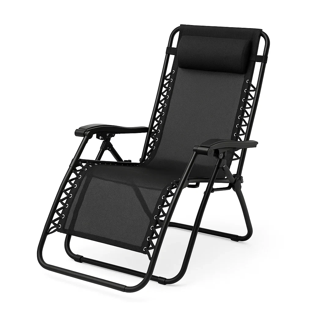 Sedia da spiaggia pieghevole in acciaio nero con tessuto textilene