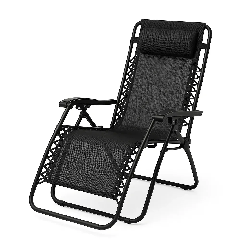 Sedia da spiaggia pieghevole in acciaio nero con tessuto textilene