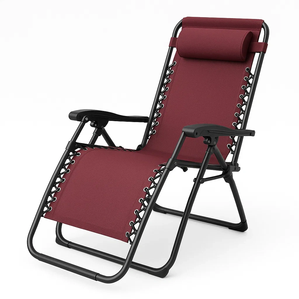 Sedia da spiaggia pieghevole reclinabile in tessuto poliestere bordeaux con struttura in acciaio