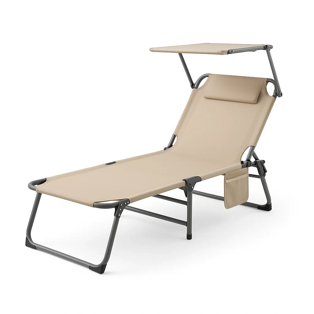 Sedia da spiaggia pieghevole in alluminio con tettuccio e poggiatesta beige