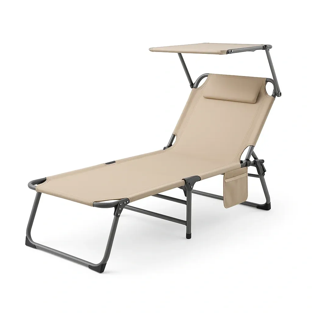 Sedia da spiaggia pieghevole in alluminio con tettuccio e poggiatesta beige