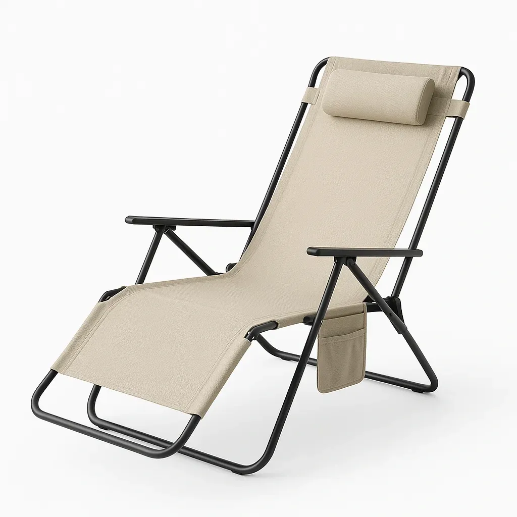 Sedia da spiaggia pieghevole regolabile in acciaio e tessuto beige