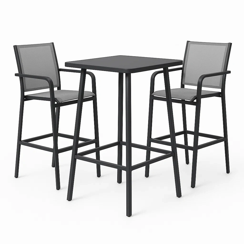 Set bar quadrato con 2 sedie in metallo e tessuto grigio