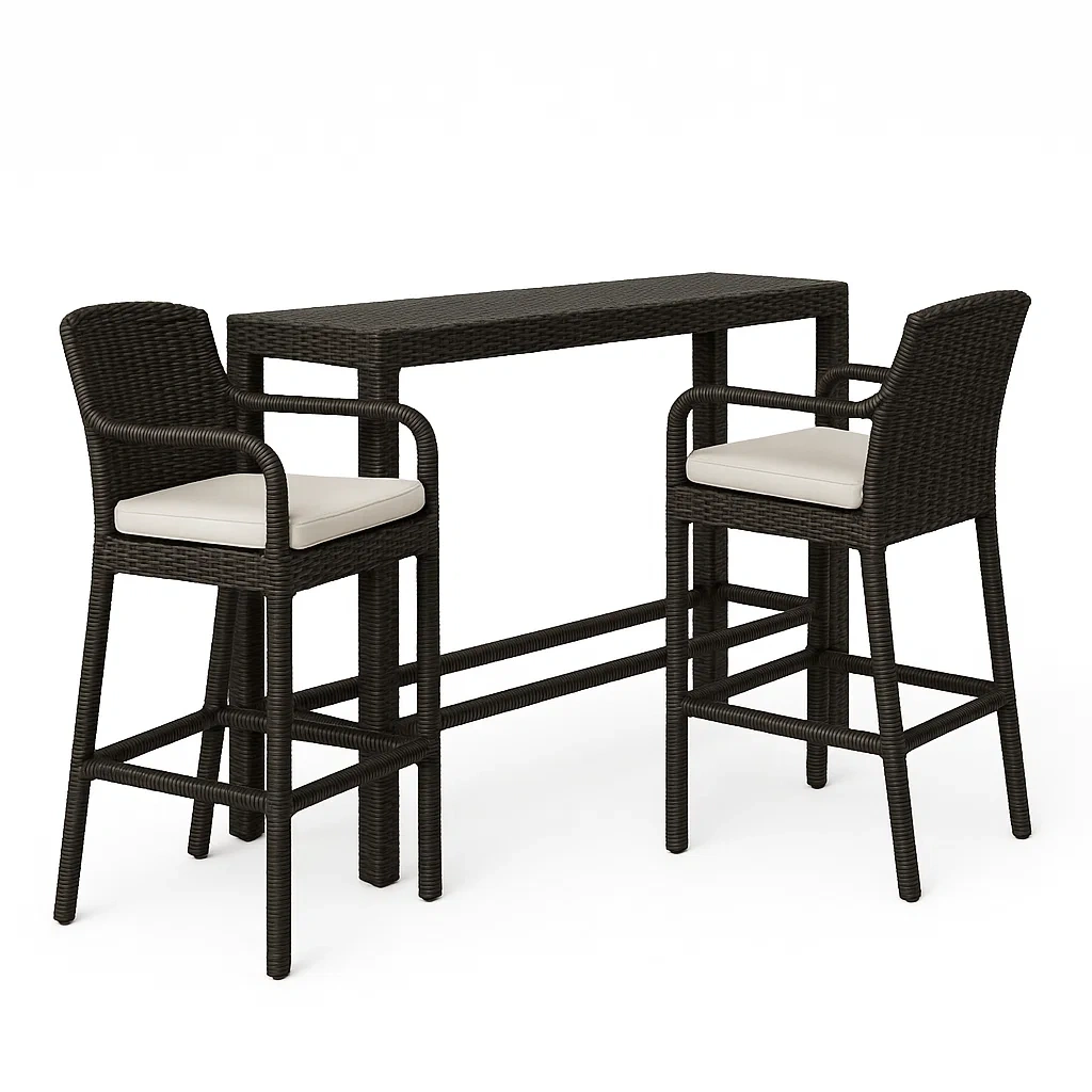 Set bar da esterno in rattan sintetico con tavolo e sedie con cuscini