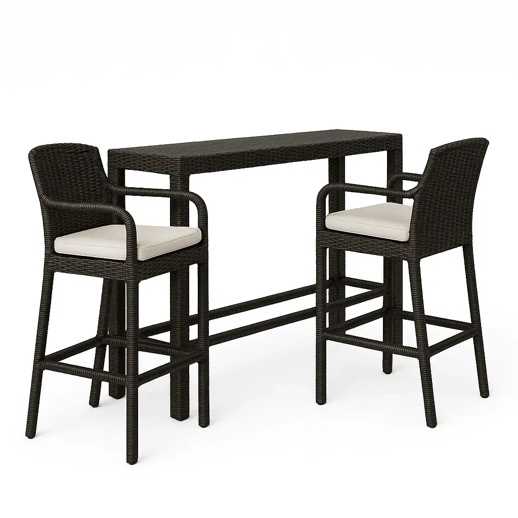 Set bar da esterno in rattan sintetico con tavolo e sedie con cuscini