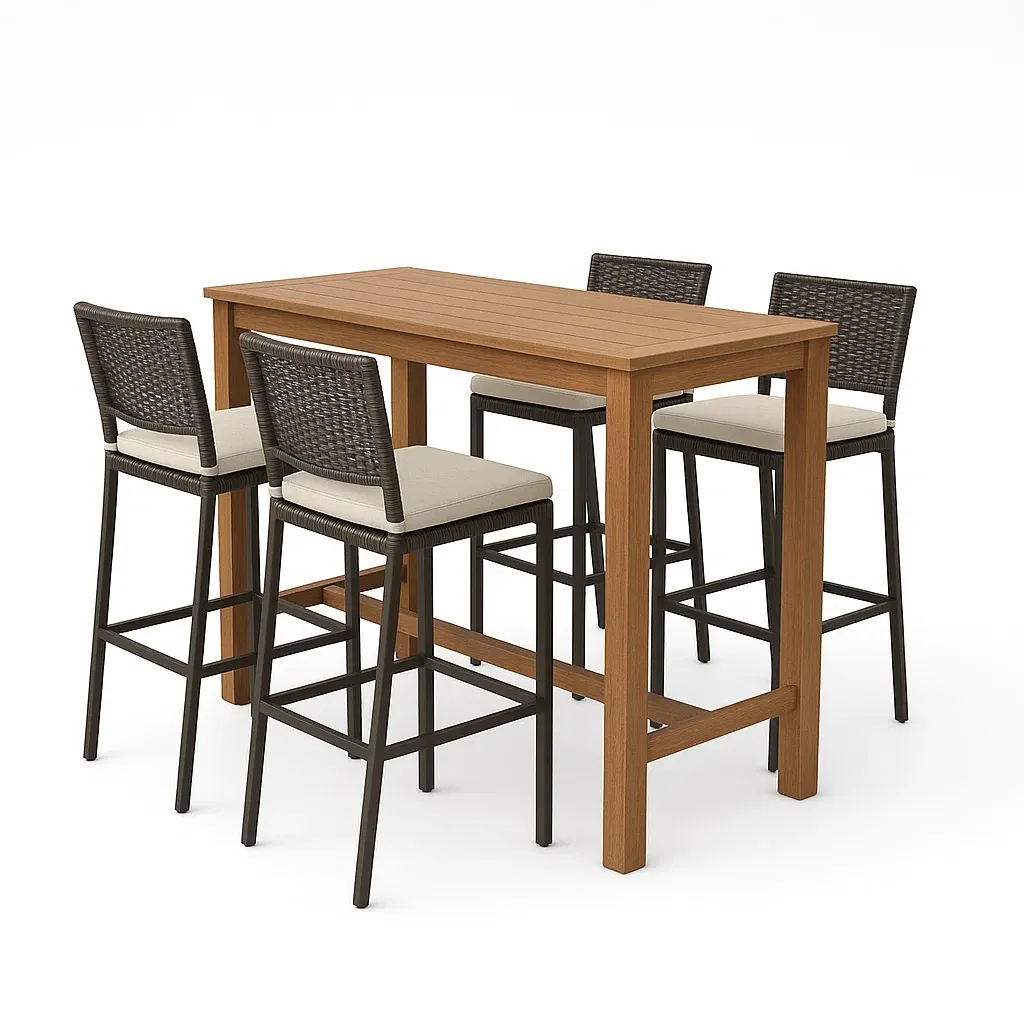 Set bar rettangolare in legno con 4 sgabelli in rattan e tessuto