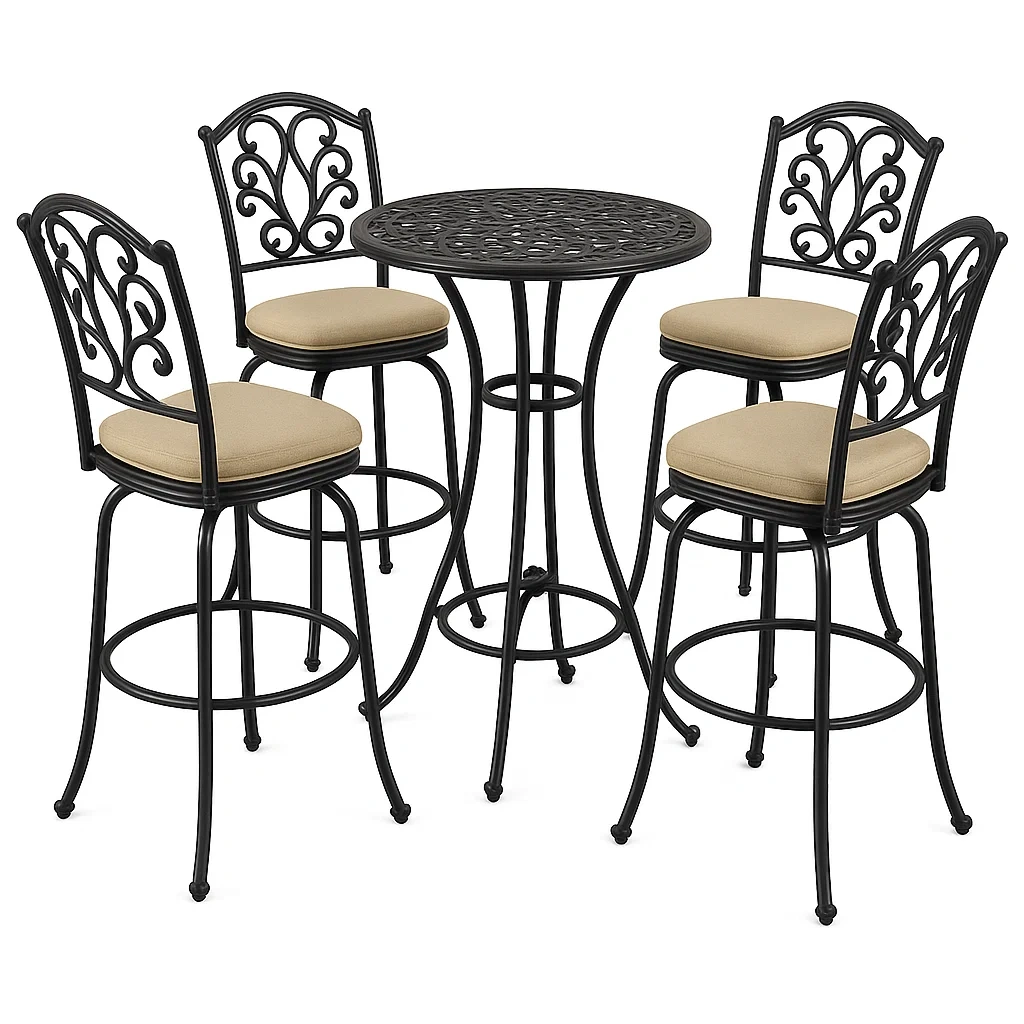 Set bar in metallo nero con sgabelli imbottiti beige