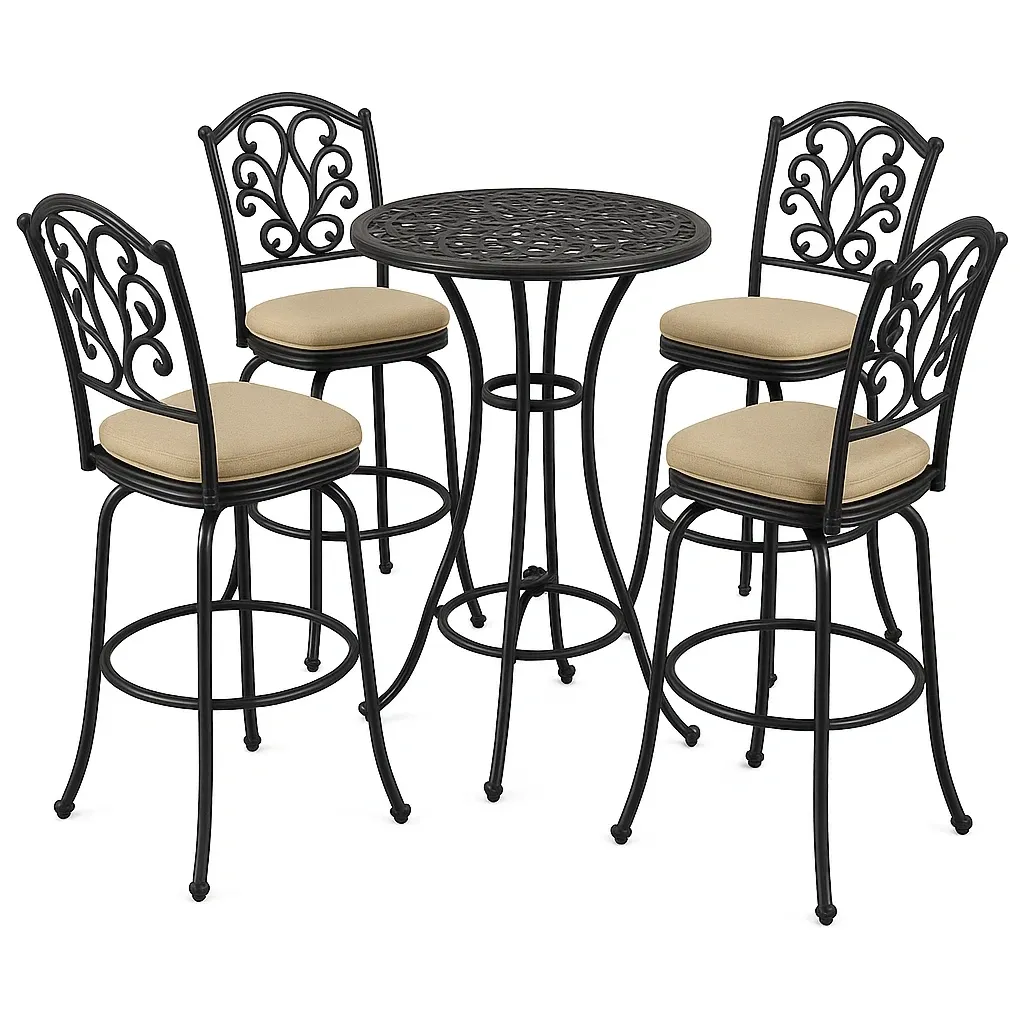 Set bar in metallo nero con sgabelli imbottiti beige