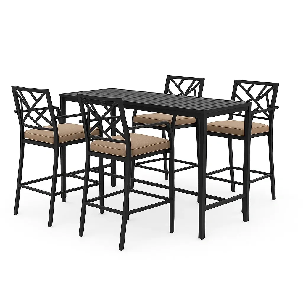 Set bar alto in metallo nero con cuscini in poliestere beige