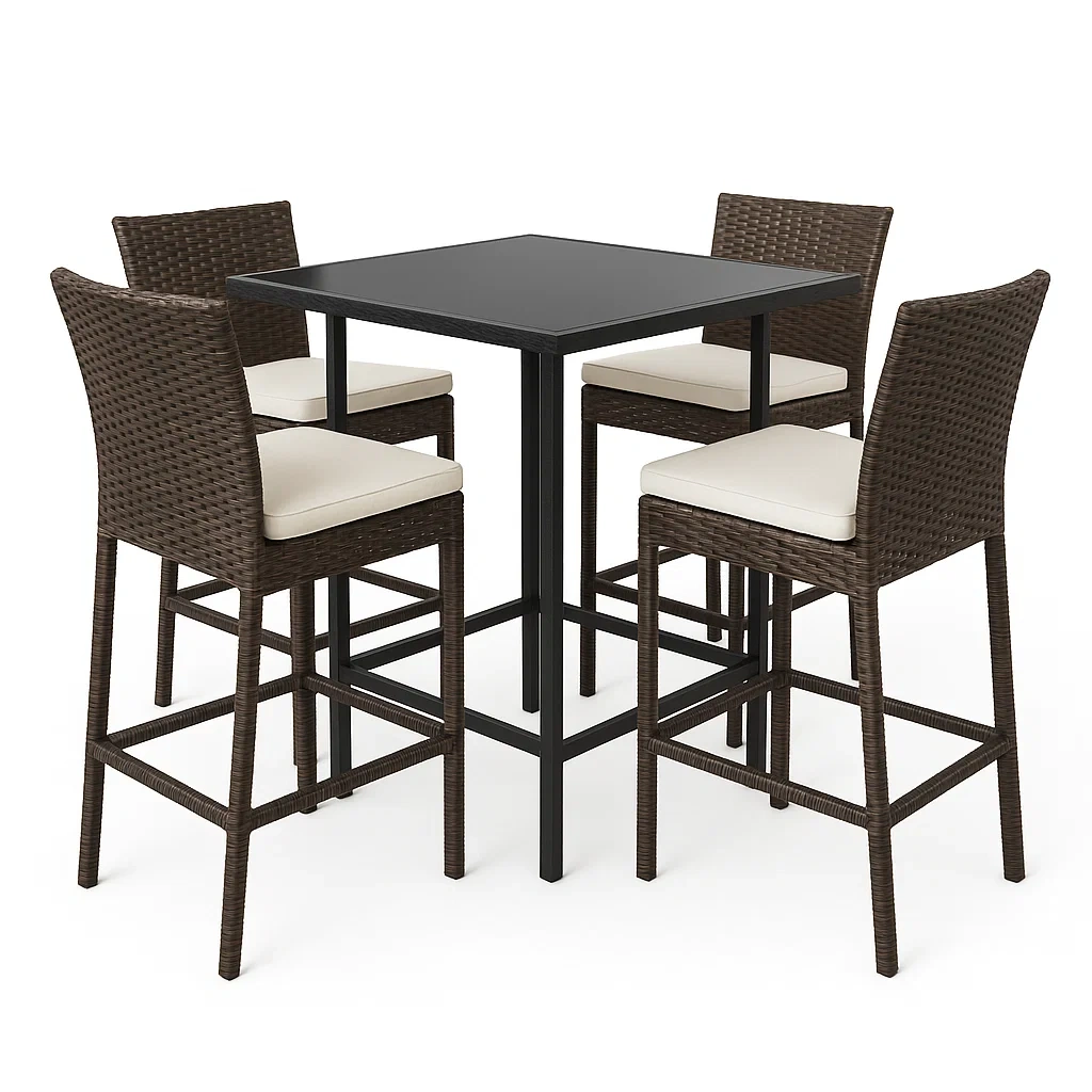 Set bar quadrato da giardino in vetro con 4 sedie in rattan marrone
