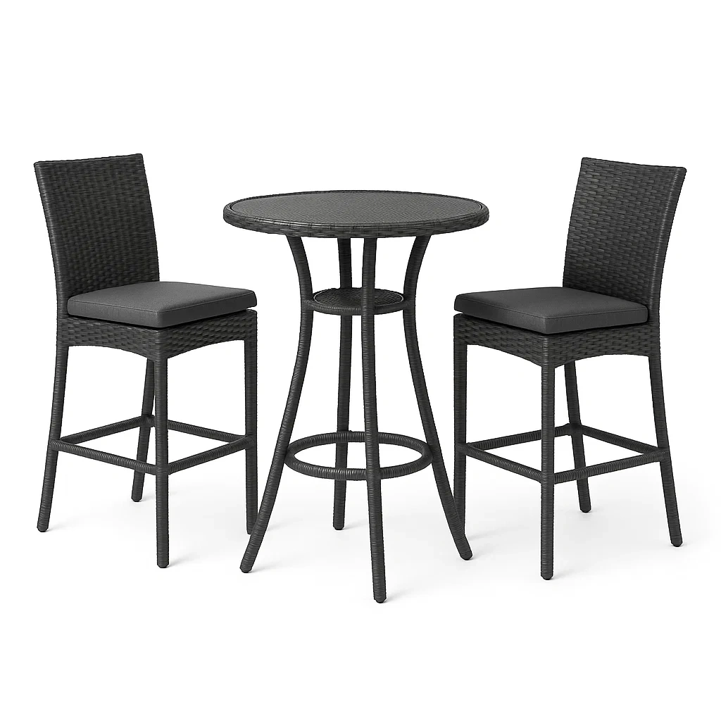 Set bar rotondo in rattan Grigio antracite con sedie alte abbinate