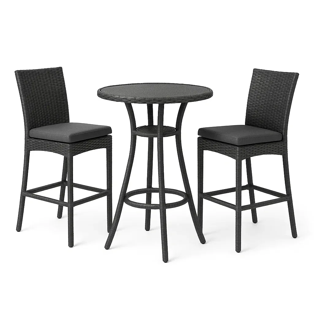 Set bar rotondo in rattan Grigio antracite con sedie alte abbinate