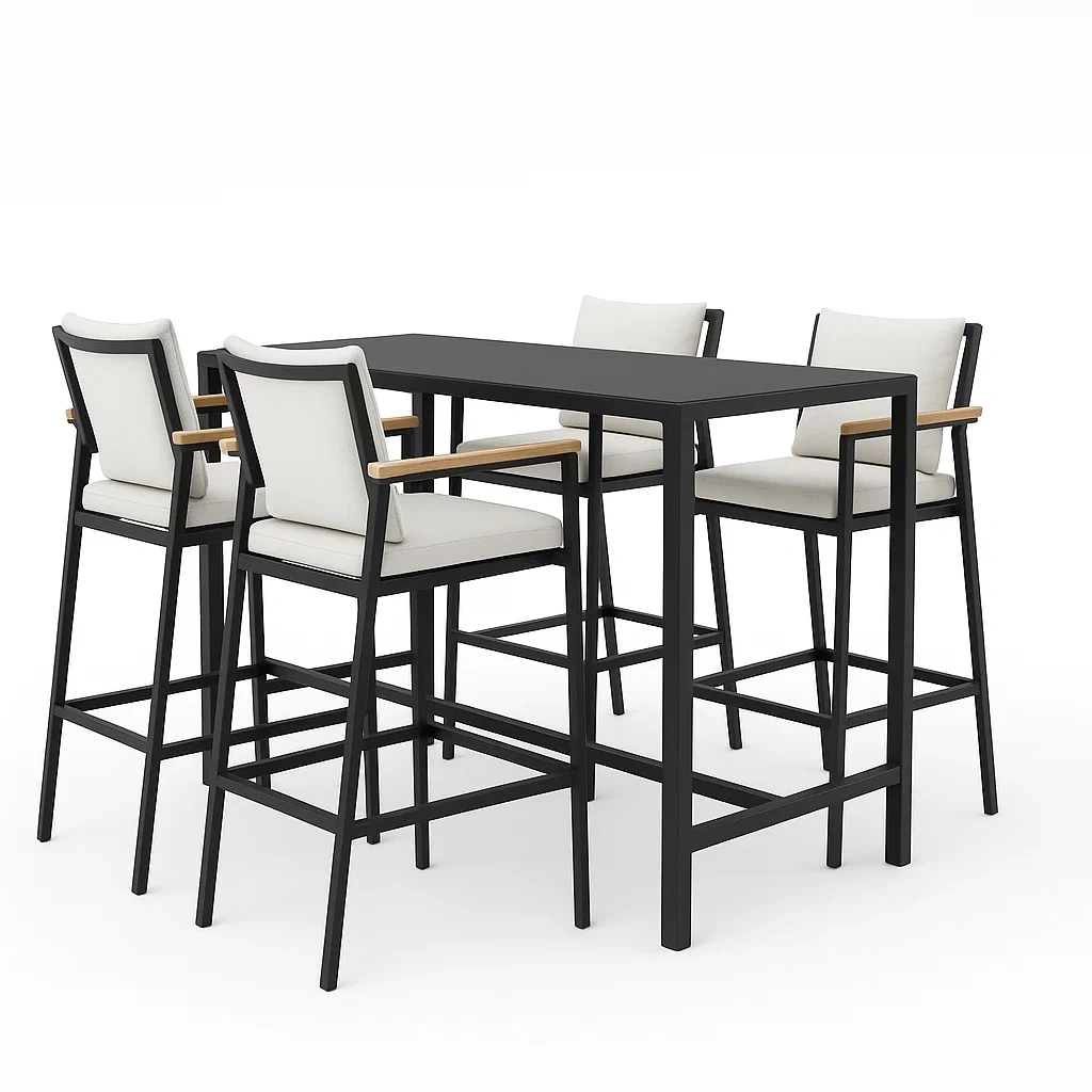 Set bar alto in metallo e legno nero e bianco con 4 sedie imbottite con schienale