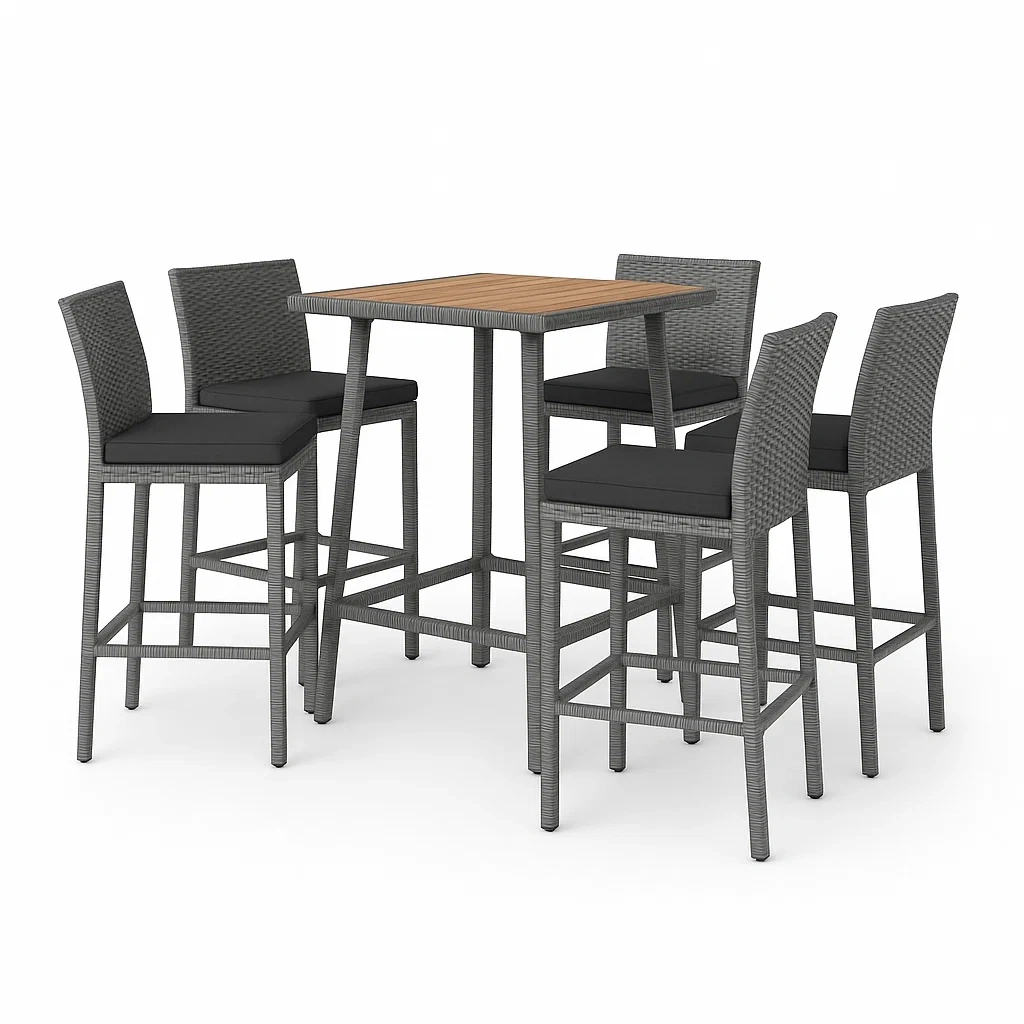 Set bar quadrato in legno con sedie in rattan grigio