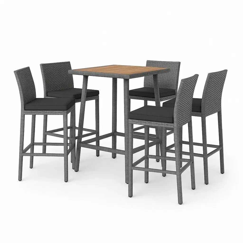 Set bar quadrato in legno con sedie in rattan grigio