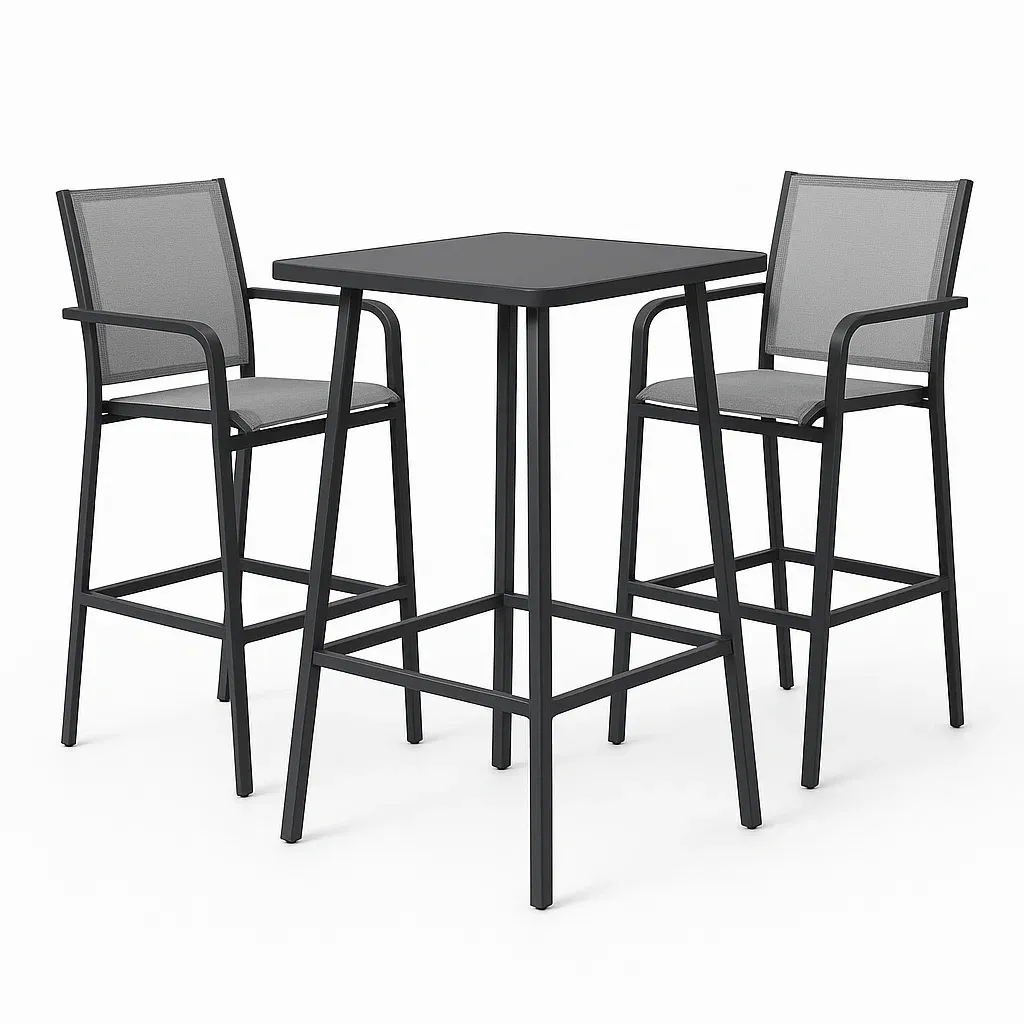 Set bar quadrato con 2 sedie in metallo e tessuto grigio