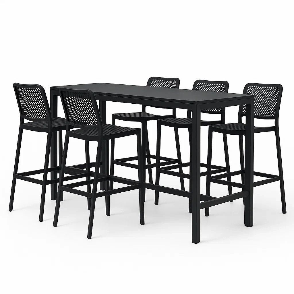 Set bar rettangolare con 5 sgabelli in metallo e plastica nera