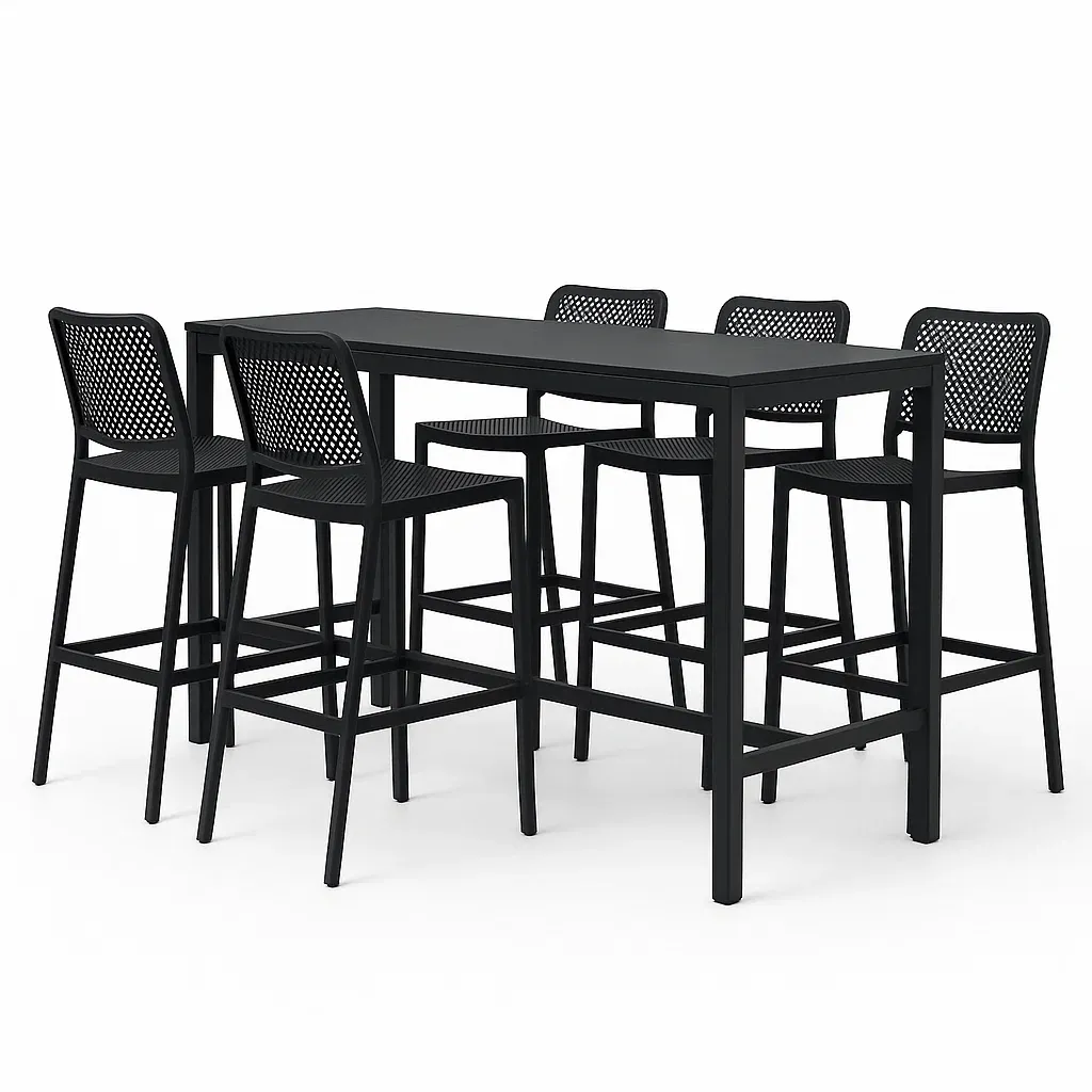 Set bar rettangolare con 5 sgabelli in metallo e plastica nera
