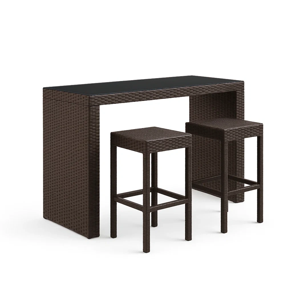 Set bar rettangolare con 2 sgabelli in rattan PE marrone e piano in vetro temperato