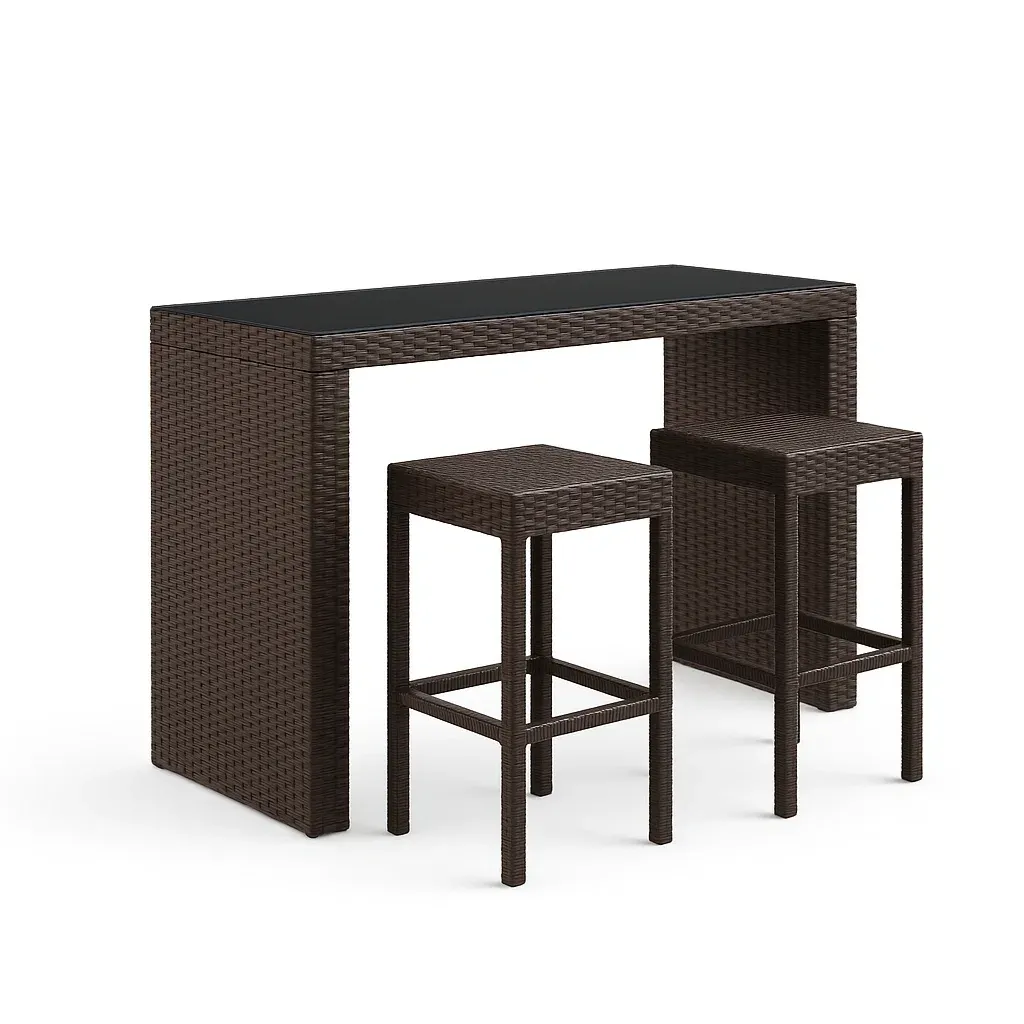 Set bar rettangolare con 2 sgabelli in rattan PE marrone e piano in vetro temperato