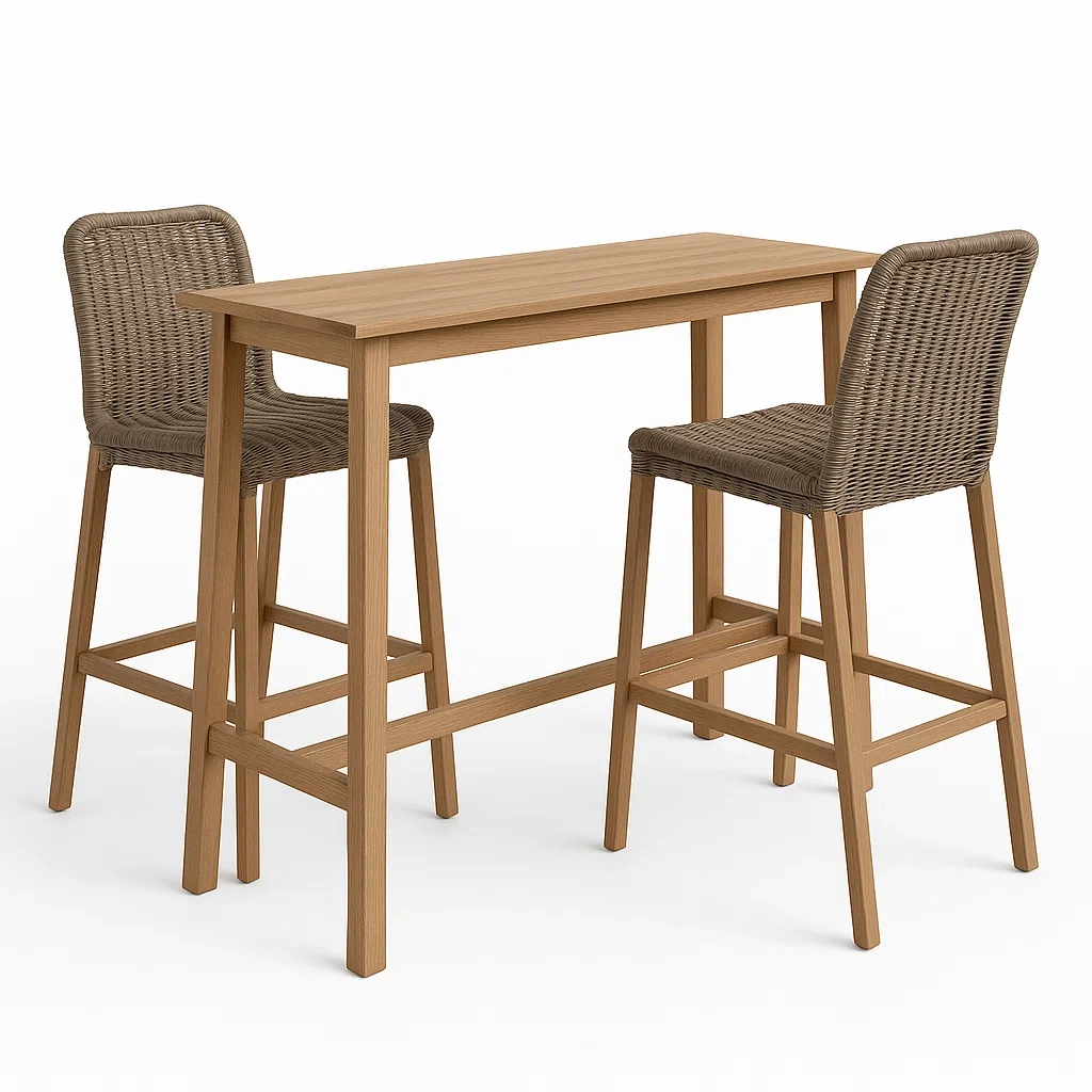 Set bar alto in legno con 2 sgabelli in rattan