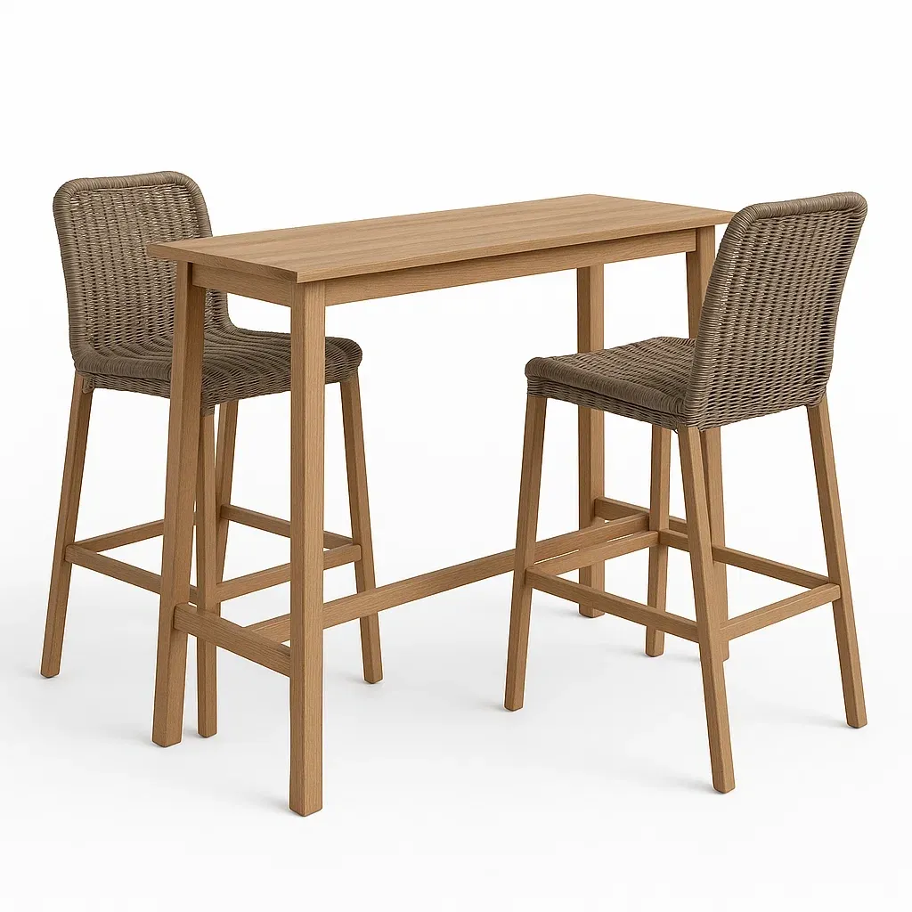 Set bar alto in legno con 2 sgabelli in rattan