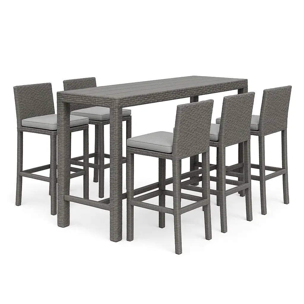 Set bar rettangolare in rattan con 5 sgabelli da bar alti grigi