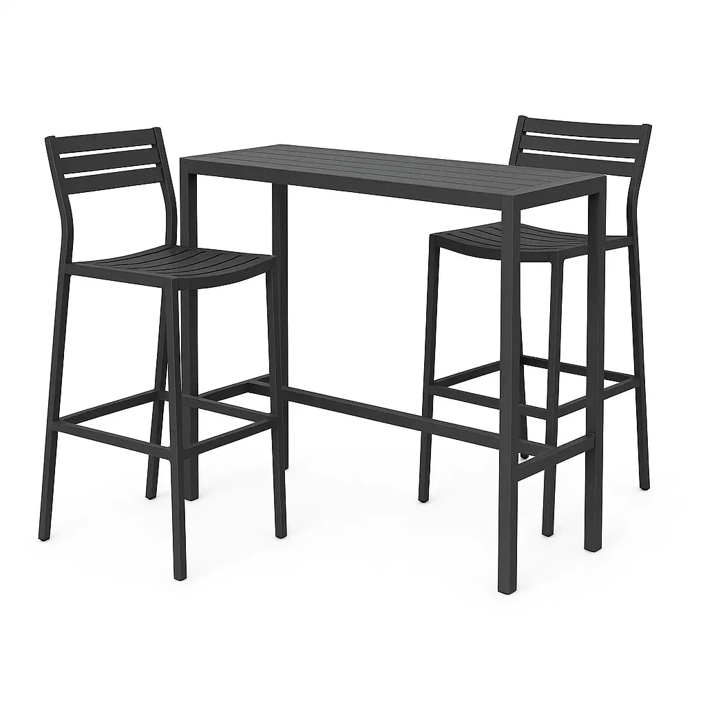 Set bar alto con 2 sgabelli in alluminio nero