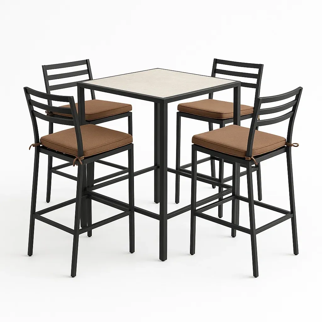 Set bar quadrato in metallo con 4 sgabelli imbottiti marroni