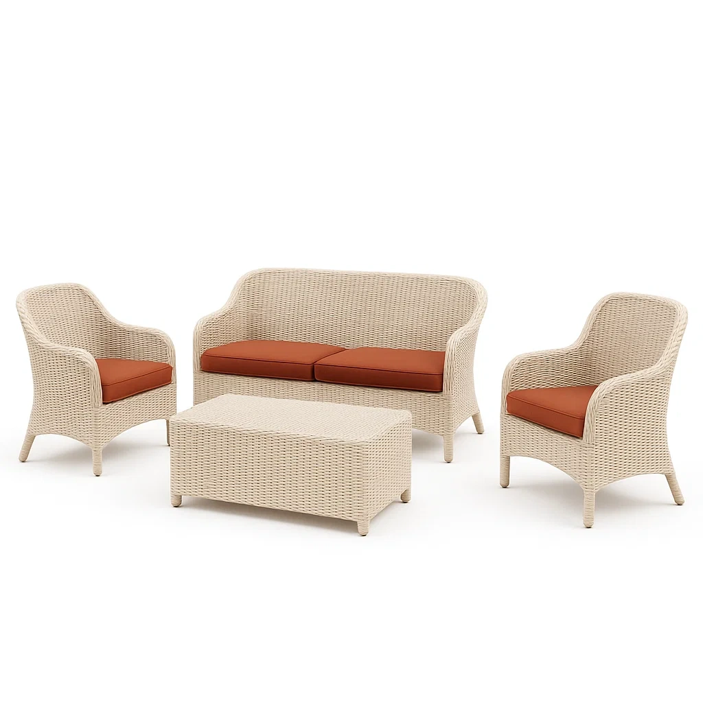 Set salotto in rattan con cuscini color terracotta