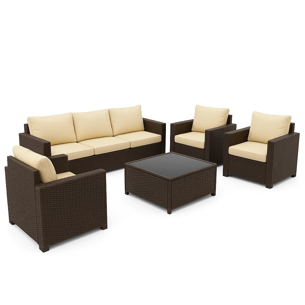 Set salotto in polirattan marrone con cuscini crema e tavolino in vetro temperato