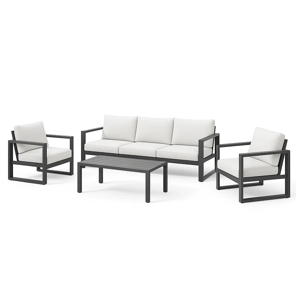 Set salotto in metallo con cuscini bianchi e tavolino coordinato