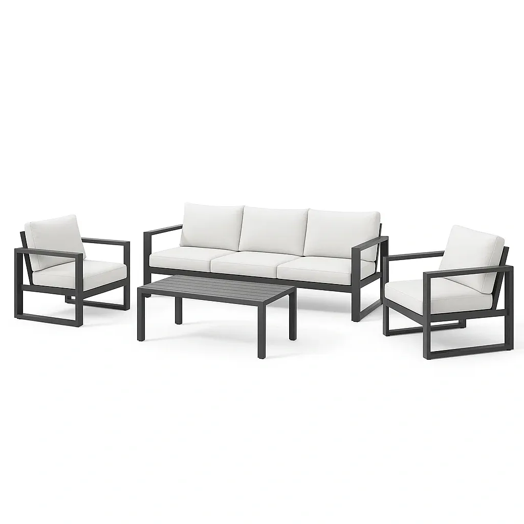 Set salotto in metallo con cuscini bianchi e tavolino coordinato