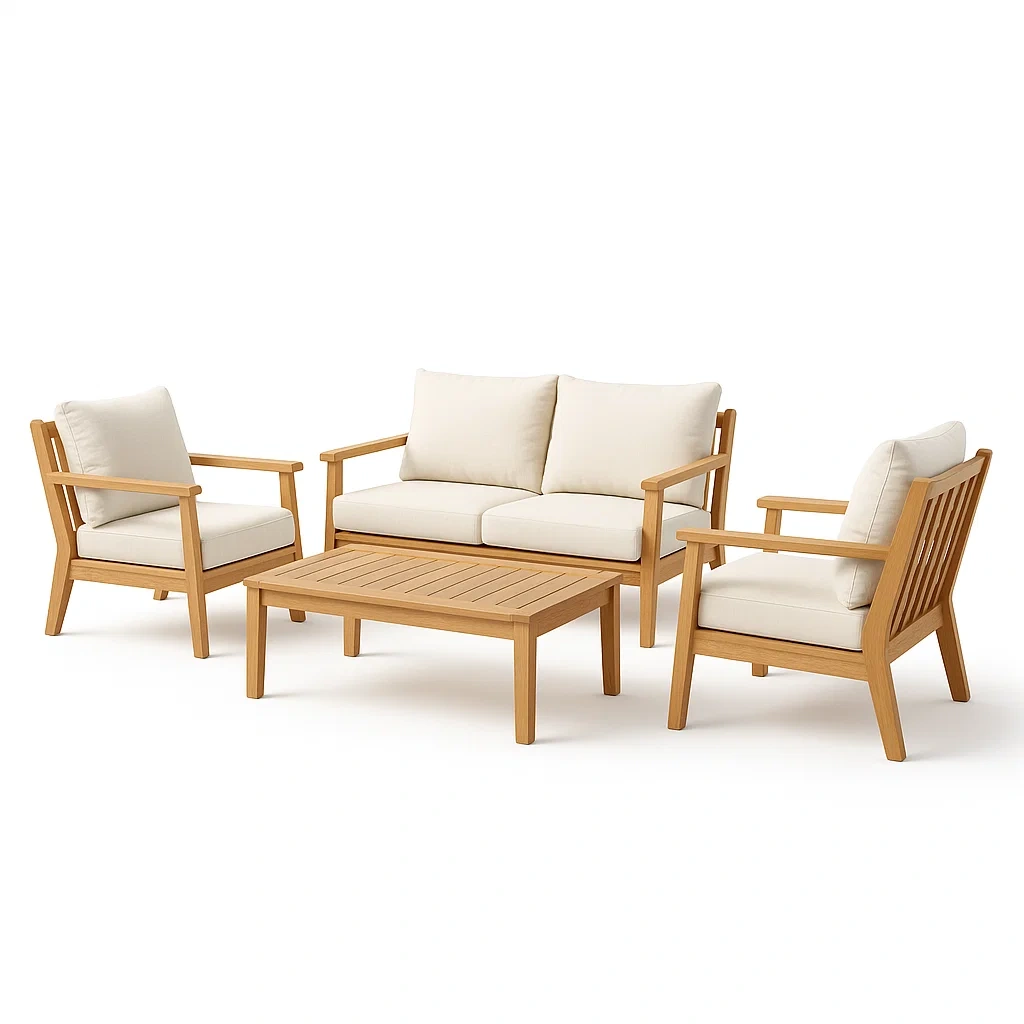 Set salotto in legno massello con poltrone, divano e tavolino con cuscini crema